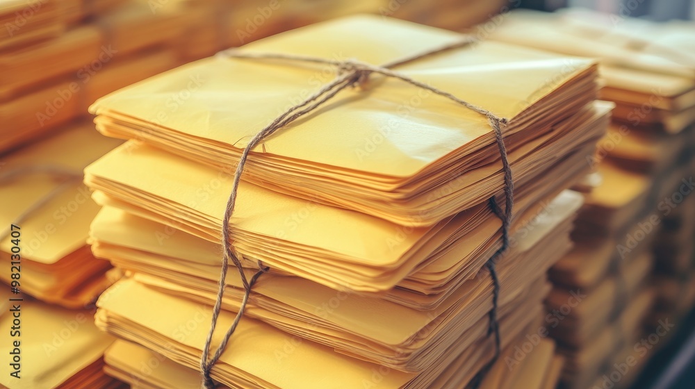 Poster a stack of yellow interoffice envelopes tied with string, evoking a retro office environment