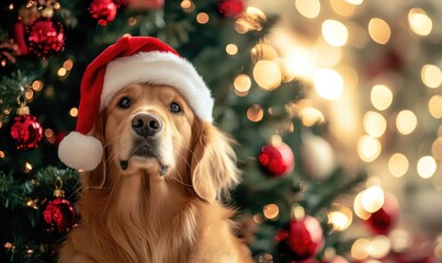 A dog wearing a Santa hat is standing in front of a Christmas tree