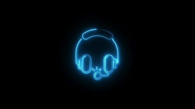 Neon glowing Headphone icon animation. Dj earphones, game headset, listen music and podcast, playlist. Violet, blue, azure