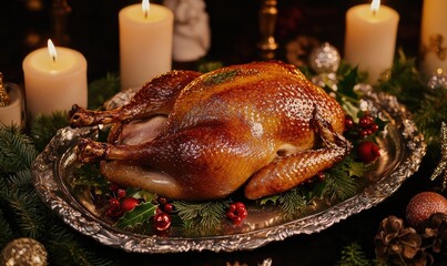 The turkey is surrounded by candles, which add to the warm