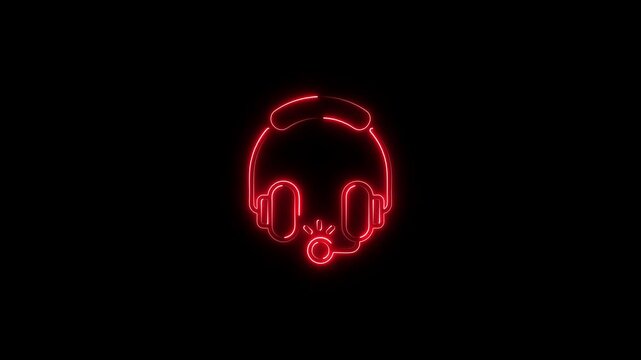 Neon glowing Headphone icon animation. Dj earphones, game headset, listen music and podcast, playlist. Violet, blue, azure