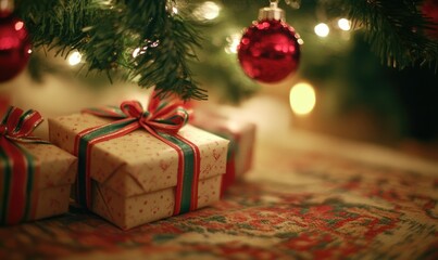 Three presents are stacked on a carpet, with a red