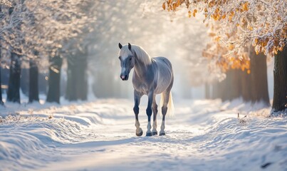 Naklejka premium A white horse is walking through a snowy forest