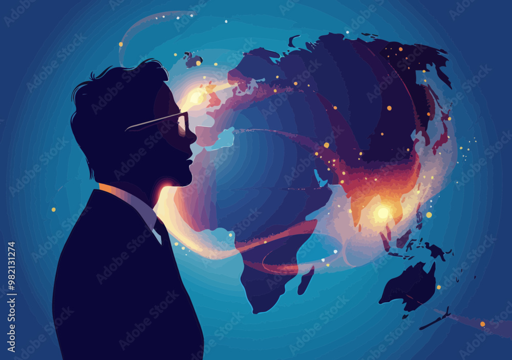 Aufkleber silhouette of businessman observing global network connections with illuminated world map in motion 