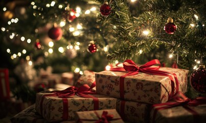 A Christmas tree with many red and gold ornaments and a red ribbon