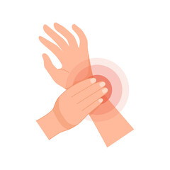 Wrist pain, sprained wrist caused by injury. Inflammation of the tendon. Bruise from exercise. Vector illustration isolated on white background   