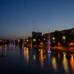 Kyiv night cityscape, color fountain on the embankment of Dnipro river, Rusanivka historical district, capital of Ukraine  2