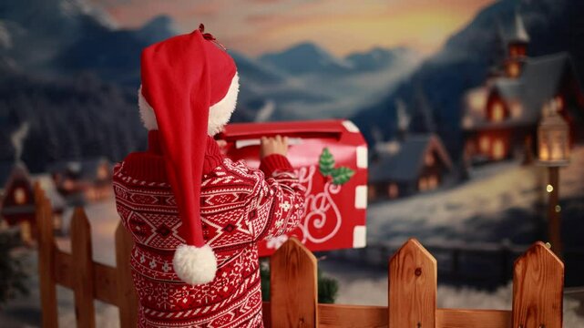 Adorable cute child, boy, posting letter to Santa Claus outside in front of the house, mountains, snow, winter fairytale