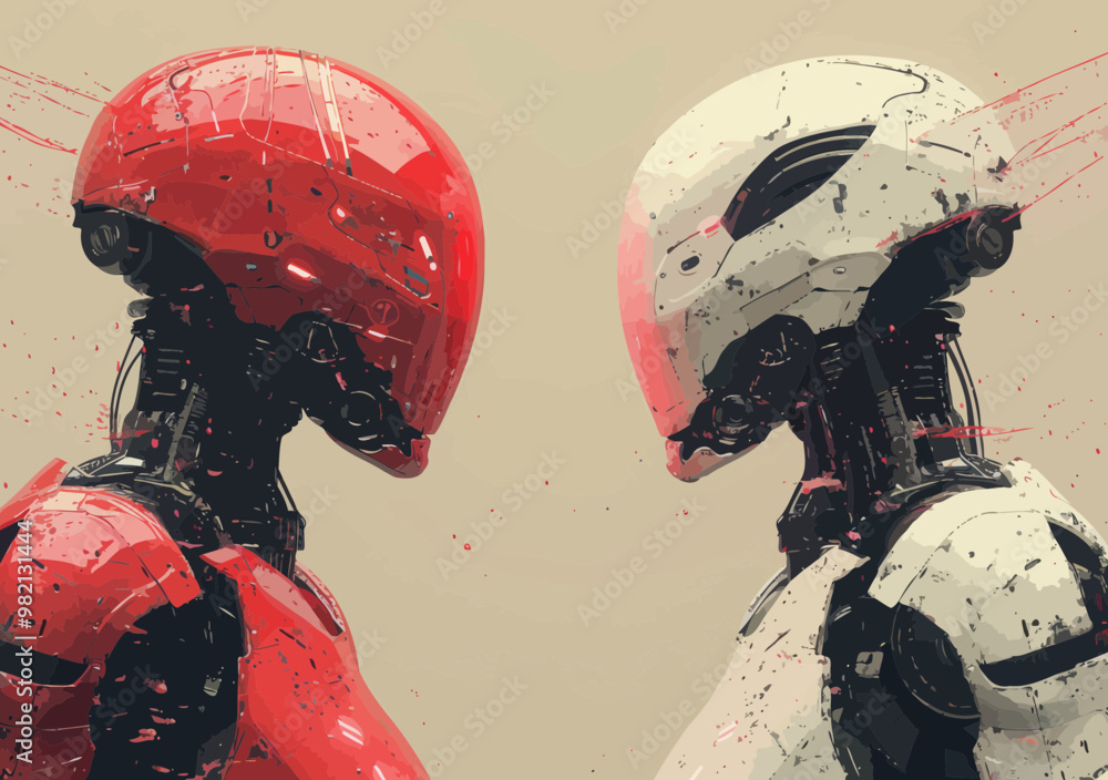 Poster futuristic ai duel: two advanced robots facing off in minimalistic style illustrating human vs artif