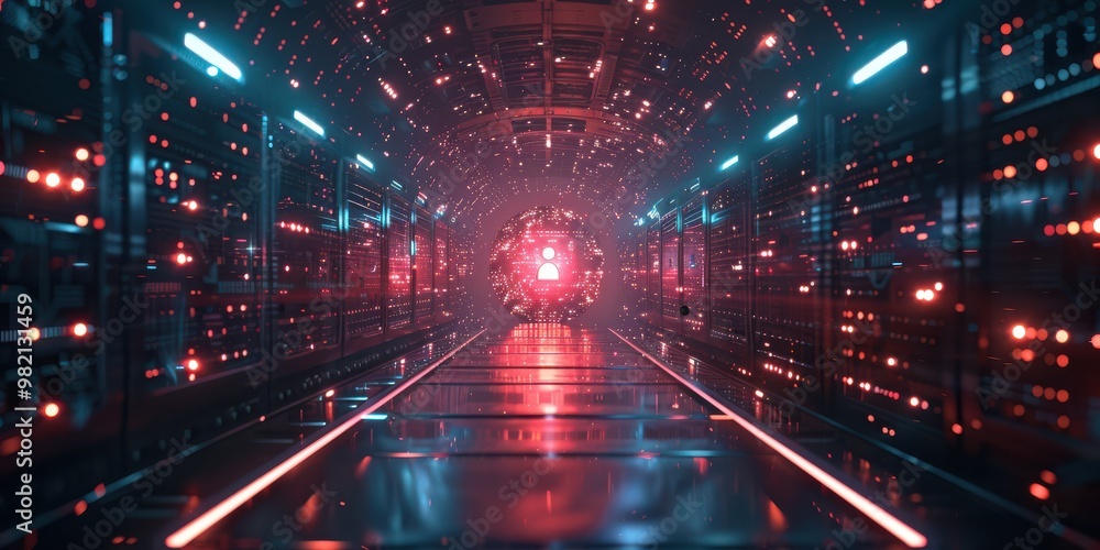 Wall mural futuristic data center corridor glowing with red and blue lights, symbolizing technology and cyberse