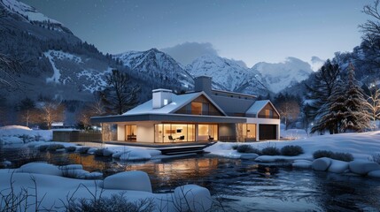 Fototapeta premium 3d rendering of modern cozy house by the river with garage. Cool winter evening with cozy warm light from windows. For sale or rent with beautiful mountains on background.