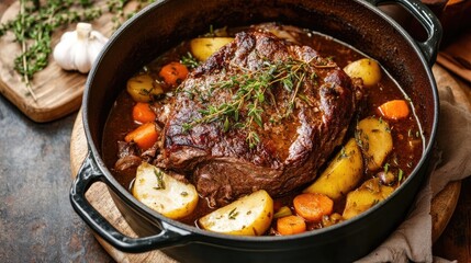 Fototapeta premium A traditional beef pot roast simmering in a Dutch oven with fresh herbs and vegetables