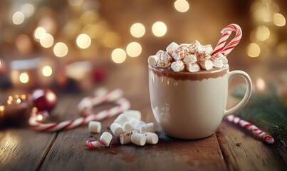 A mug of hot chocolate with marshmallows and a red and white cane