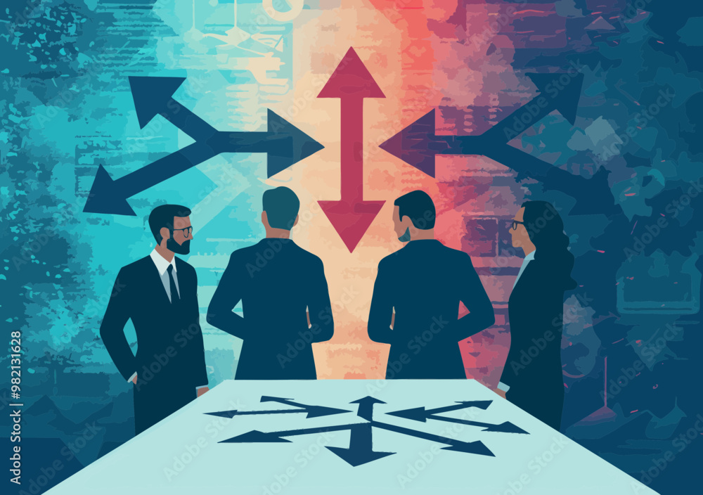 Poster business team facing multiple directional choices in logic tree decision-making process illustration