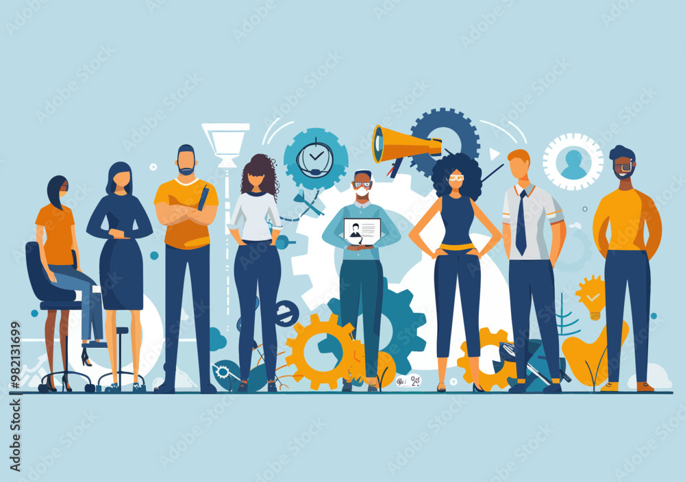 Poster diverse team working together in a startup environment with business concepts represented as gears a