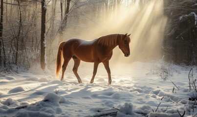A horse is walking through the snow in a forest