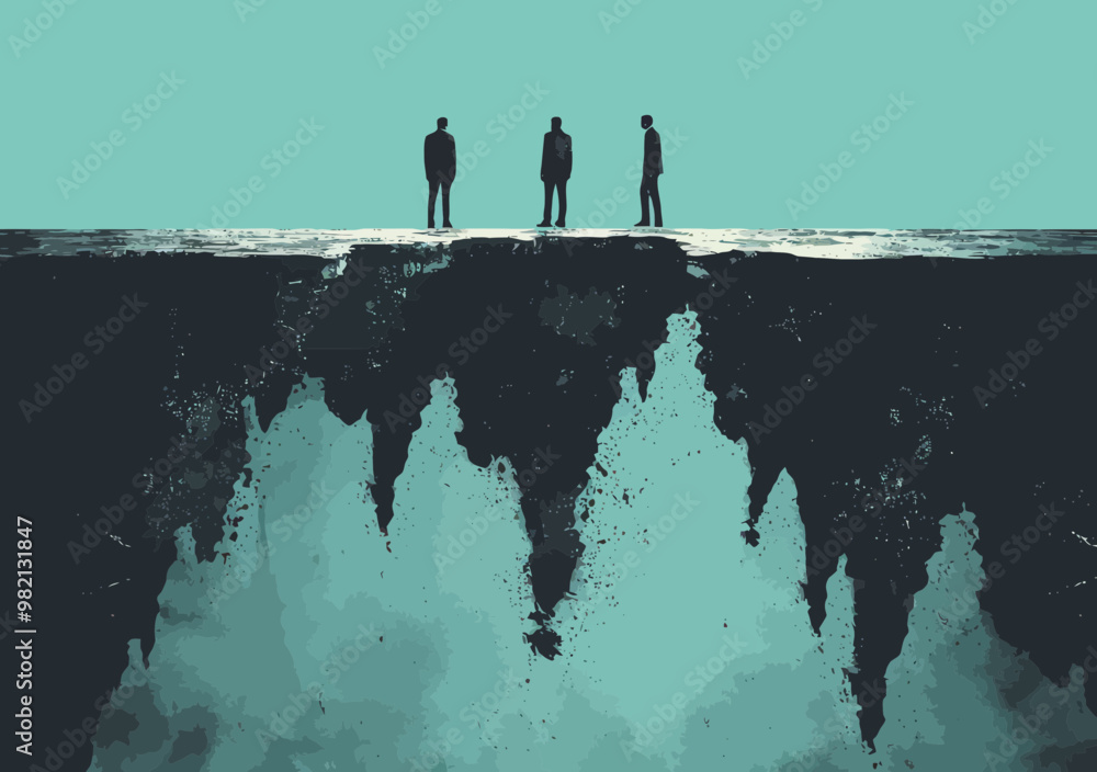 Poster managerial challenge: businessmen facing a vast chasm illustrating failure and obstacles in minimali