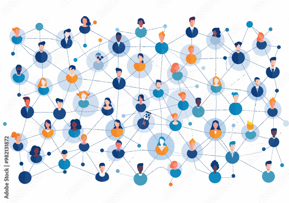 Poster vector illustration of connected people in a social network, minimalistic design visualizing interne
