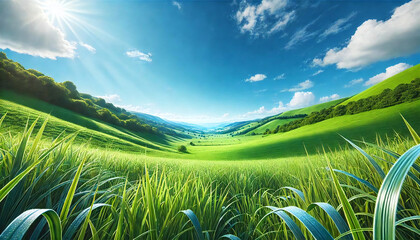 Angle looking up at the vast grassland and clear blue sky