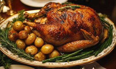 A large roasted turkey with potatoes and green beans on a white plate