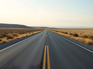 Naklejka premium Expansive Desert Highway Stretching Into Horizon with Clear Yellow Lines, Bordered by Arid Terrain and Textured Golden Grasses, Ideal for Travel, Adventure, and Landscape
