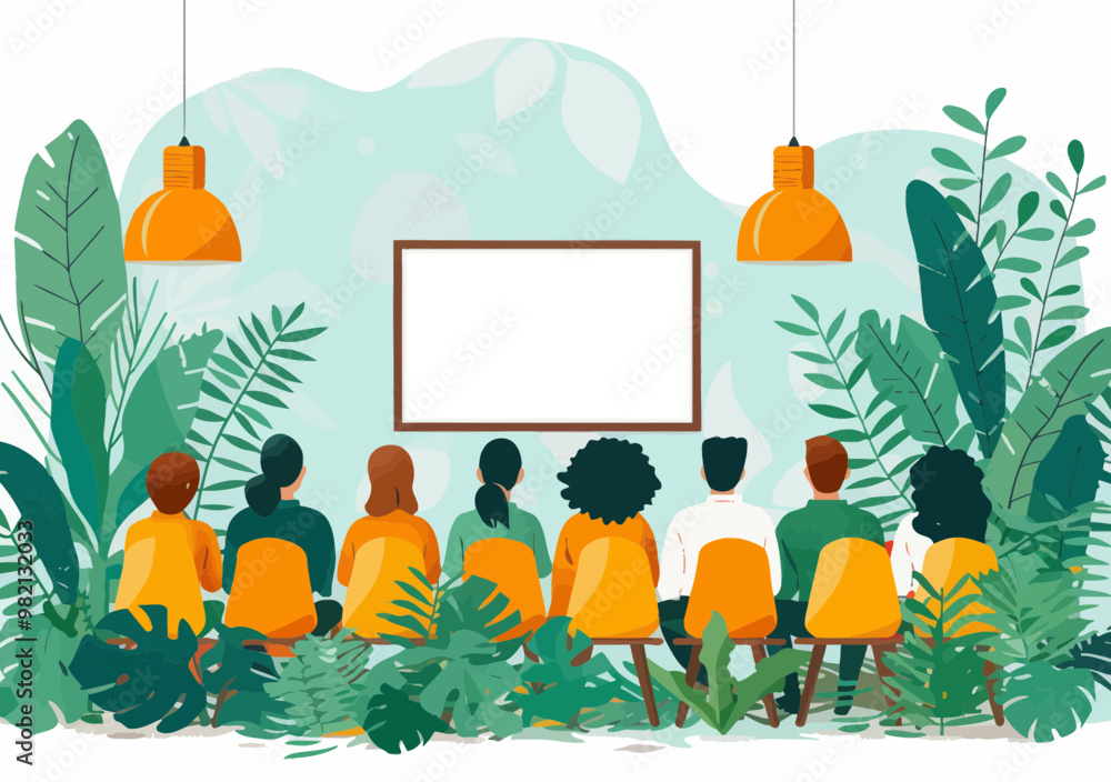 Poster minimalistic vector illustration of team listening to lecturer in a green-themed business presentati