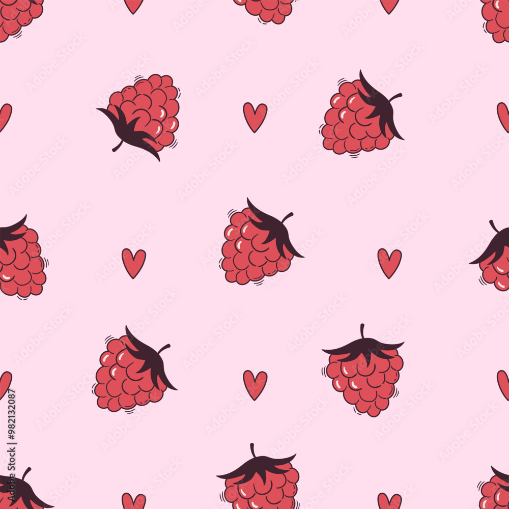 Poster seamless vector pattern with hand drawn raspberry and hearts. cute berry with line details on pink b