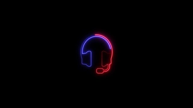 Neon glowing Headphone icon animation. Dj earphones, game headset, listen music and podcast, playlist. Violet, blue, azure