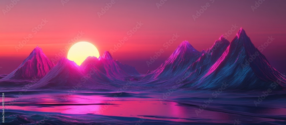 Poster 3d rendering of an abstract cyber landscape featuring neon mountains and a blend of futuristic and r
