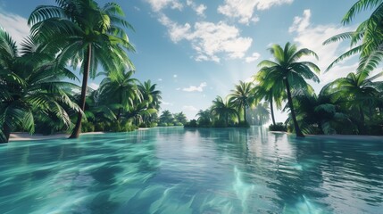 Fototapeta premium Serene Tropical Paradise with Palm Trees and Clear Blue Waters in a Peaceful Island Setting Illustration
