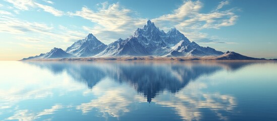 3D landscape illustration featuring mountain peaks above serene waters with a surreal concept