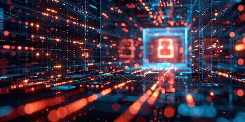 Obraz premium Futuristic data center corridor glowing with red and blue lights, symbolizing technology and cybersecurity. Free copy space for text.