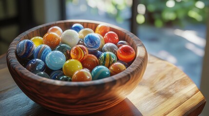 A wooden bowl filled with assorted colorful marbles, creating a playful scene.