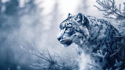 Elegant snow leopard blending into a wintry forest close up, focus on, copy space with icy branches Double exposure silhouette with frosted trees