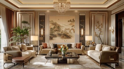 3D rendering, spacious living room design of modern residence, with sofa, tea table, decorative painting, etc