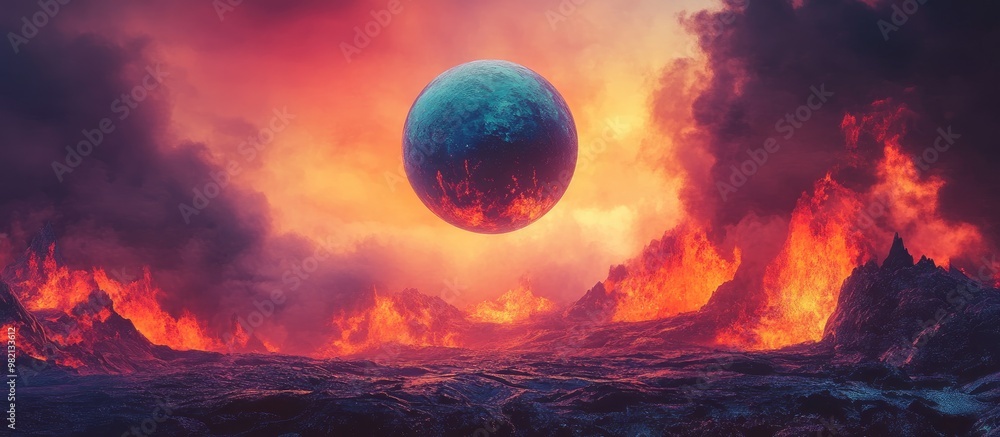 Wall mural surreal artistic design featuring a planet hovering over a volcanic stone landscape presented as an 