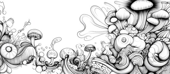 Surrealistic fantasy doodle design for a coloring book featuring a whimsical abstract illustration on a white background