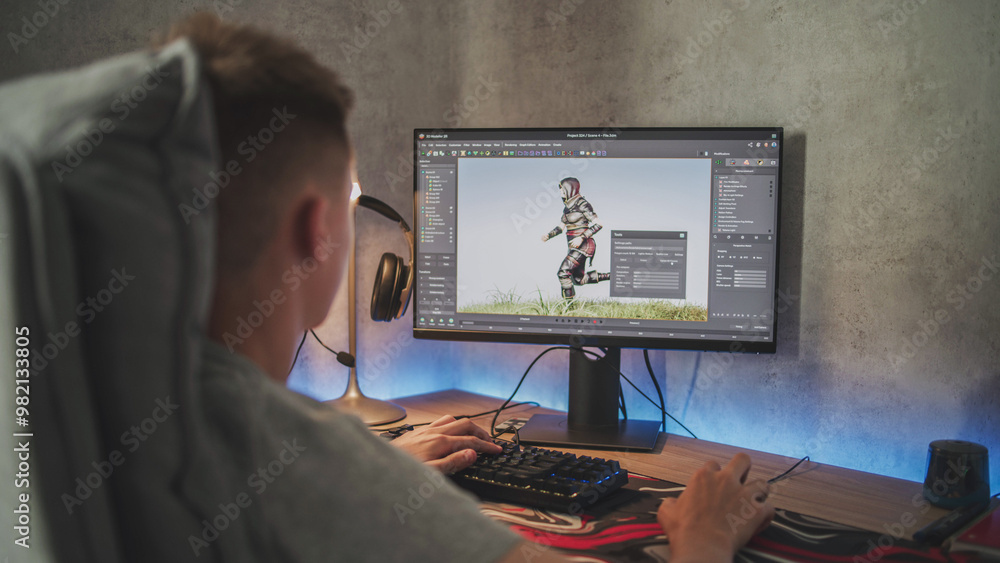 Poster Young designer creates 3D model and animation of game character using computer. Interface of professional 3D modeling software. Teen boy working on freelance project on PC at home. Game development.