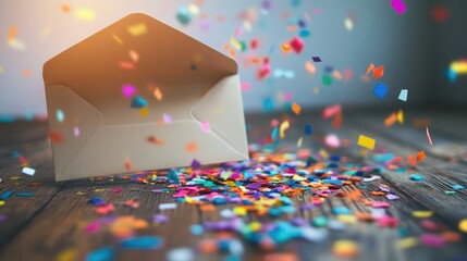 An open envelope spilling colorful confetti onto a party table, symbolizing celebration.