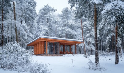 A small cabin in the woods is covered in snow