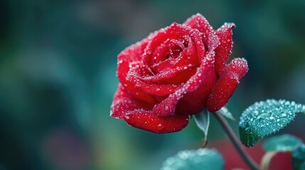 Close-up of a red rose in full bloom, with soft dewdrops glistening on its petals.