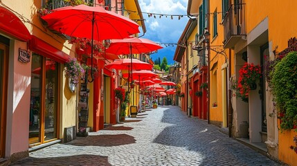 Fototapeta premium Luino, Italy: Charming street in the historic center with colorful shops and red umbrellas hanging overhead
