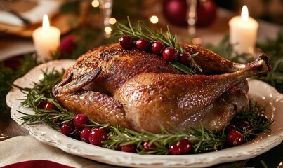 A large roasted turkey with cranberries and herbs on top of a white plate