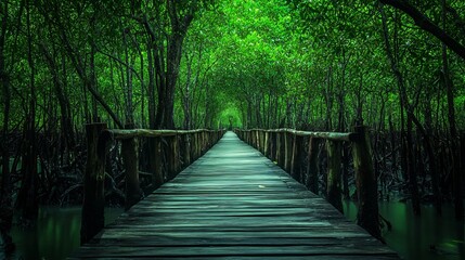 Obraz premium Wooden bridge walkway in the middle of a mangrove forest