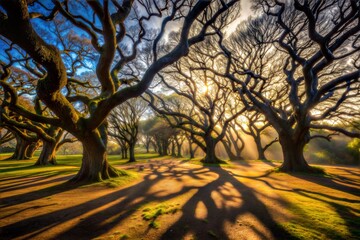 Sunbeams through forest canopy creating tranquil atmosphere