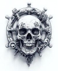 A detailed skull design surrounded by nautical elements, symbolizing adventure or danger.