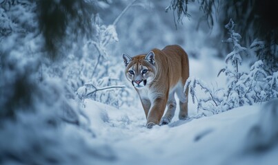 Obraz premium A brown and white puma is walking through the snow