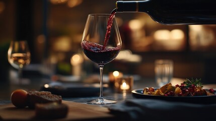 Red wine being poured into a glass, with a soft, elegant background for a luxurious dining experience.