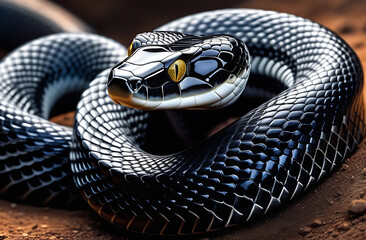 The black mamba snake is lying on the ground close-up