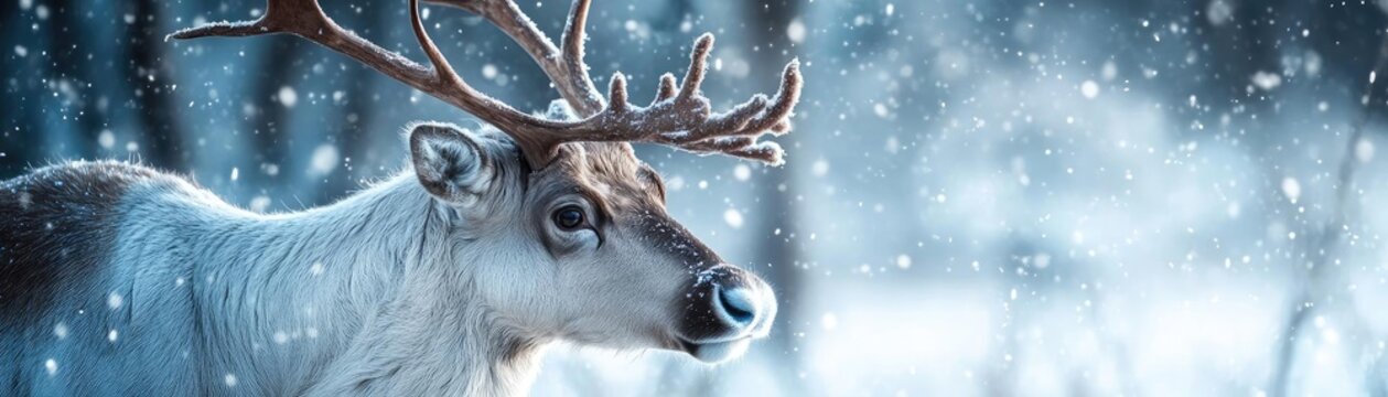 Majestic reindeer in a snowy forest, showcasing the beauty of winter wildlife in tranquil, soft lighting.